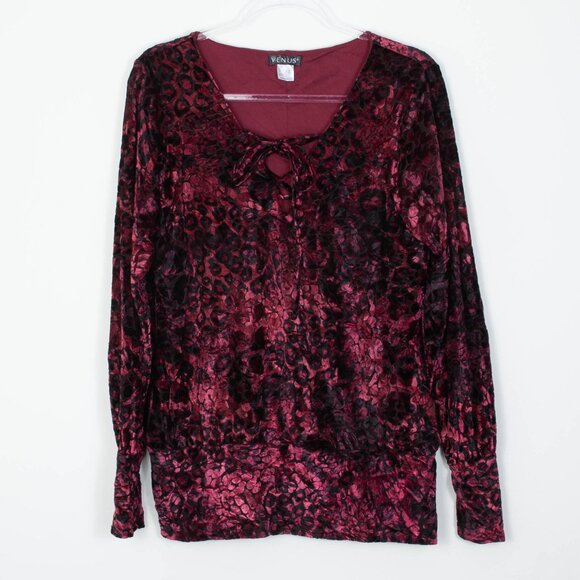 Venus Womens Crushed Velvet Bell Sleeve Top Size L Red Black Dark Romantic Goth - Picture 1 of 8